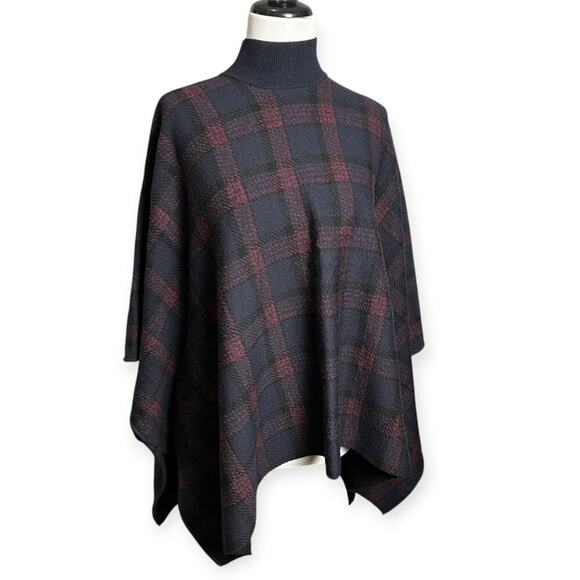 Theory Florencia Plaid Soft Luster Wool Cape Poncho Size P/S Petite Navy Sweater - Picture 1 of 15